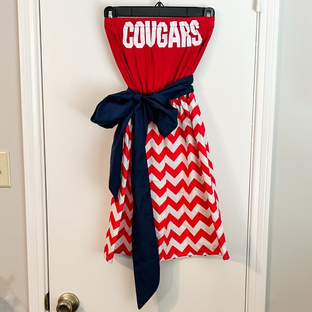 Handmade Red and White Chevron Cougars Dress with Navy Accents NWOT